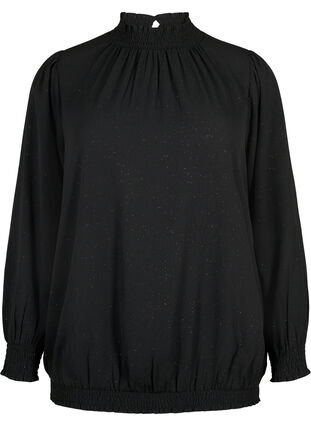 FLASH - Langærmet bluse med smock og glitter, Black w. Silver, Packshot image number 0