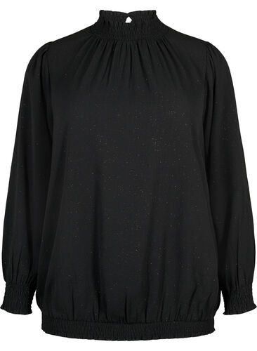 FLASH - Langærmet bluse med smock og glitter, Black w. Silver, Packshot image number 0