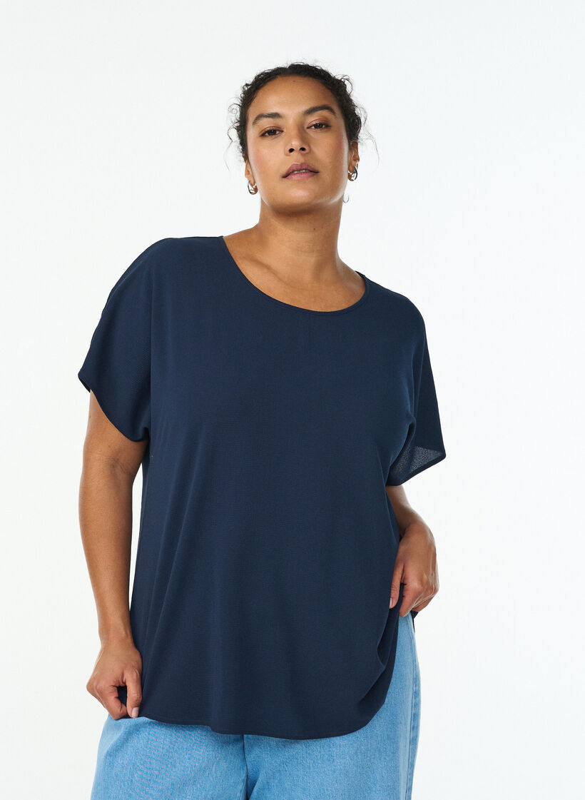 Bluse med korte &aelig;rmer og rund halsudsk&aelig;ring, Bl&aring;, Model image number 0