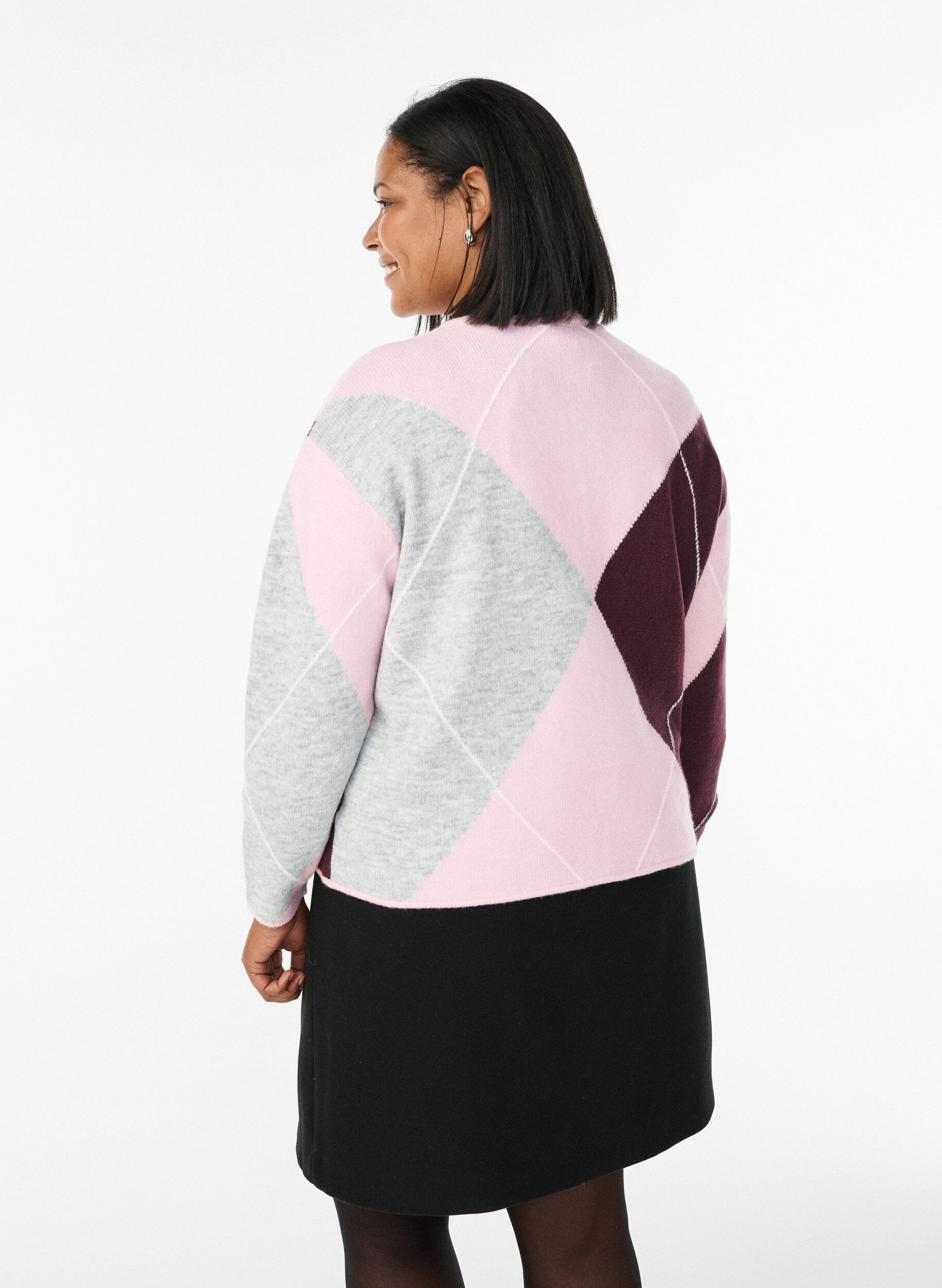 Zizzi Cardigan med argyle-m&oslash;nster og rund hals, Lyser&oslash;d, Model image number 2