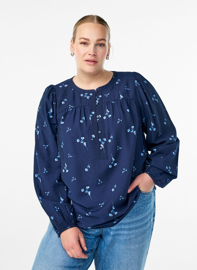 Bluse med knaplukning og små blomster, Blå, Model image number 0