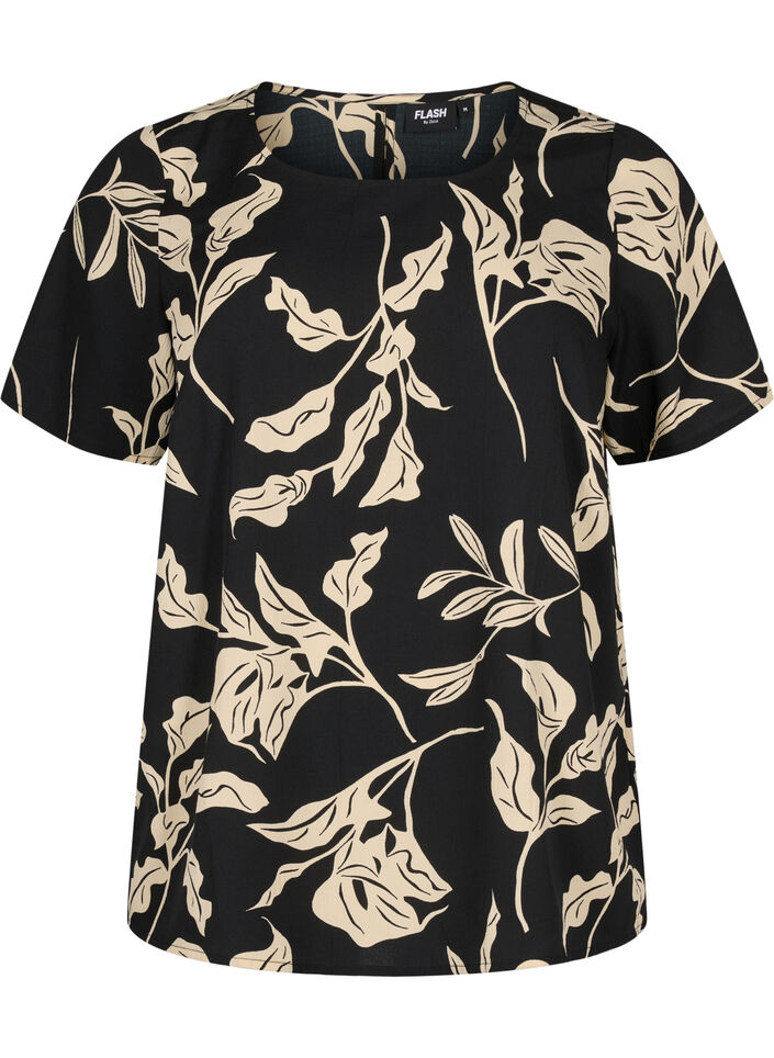 FLASH - Kortærmet bluse med print, Black Off White Fl., Packshot image number 0