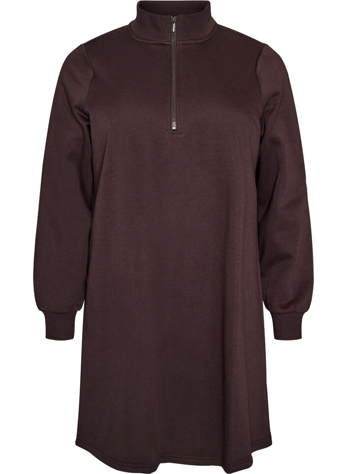 Sweatkjole med h&oslash;j ribkrave og lynl&aring;s , Brun, Packshot image number 0