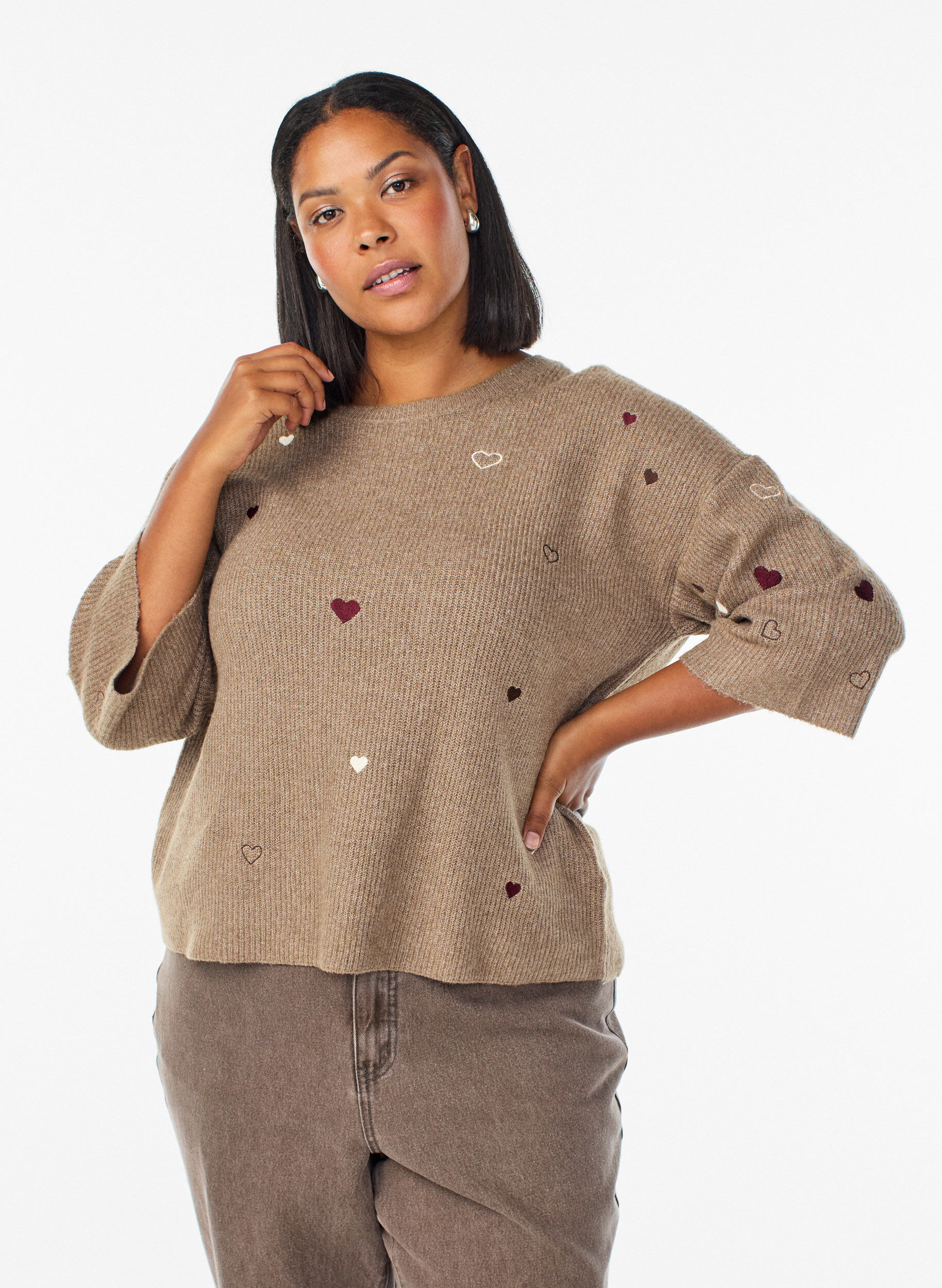 Strikbluse med hjerter og 3/4 &aelig;rmer, Brun, Model
