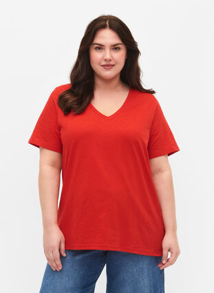 Kortærmet basis t-shirt med v-hals, Flame Scarlet, Model image number 0