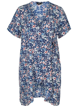 Wrap kjole i print med korte ærmer, Blue Flower AOP, Packshot image number 0
