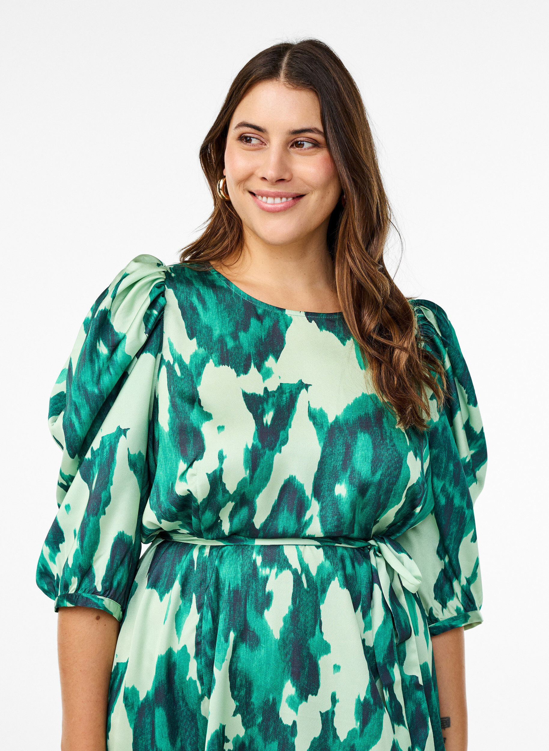 Zizzi Kort&aelig;rmet festkjole med bindeb&aring;nd, Gr&oslash;n, Model image number 2