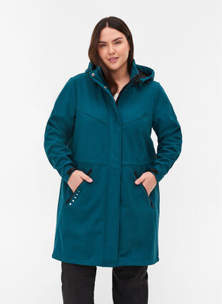 Lang softshell jakke med hætte, Blue Coral solid, Model image number 0