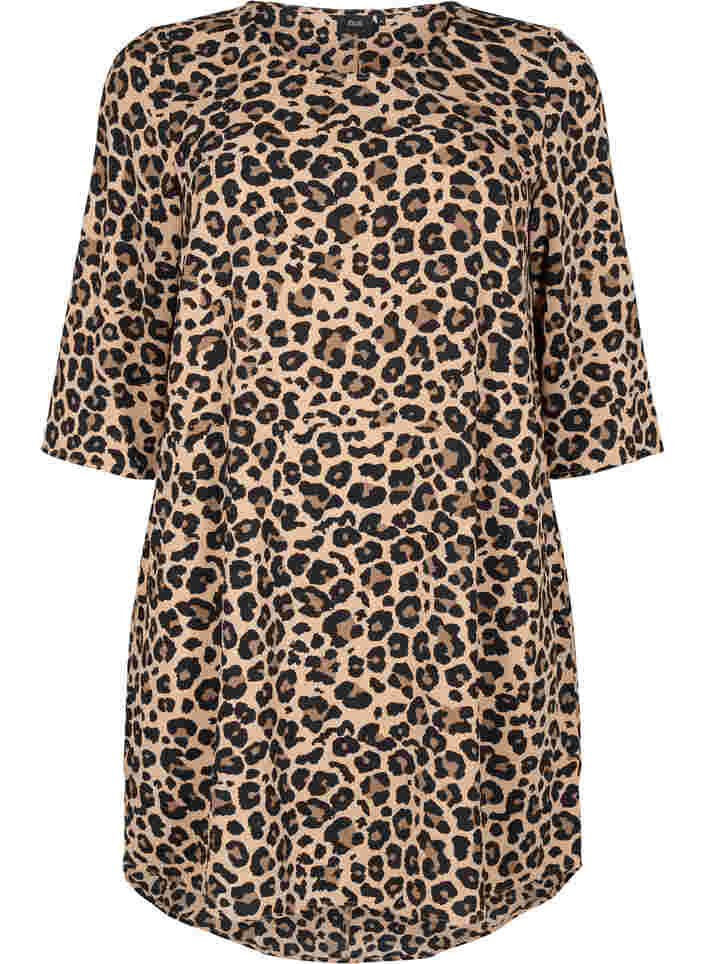 Printet kjole med 3/4 ærmer, Leopard, Packshot image number 0