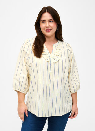 3/4 ærmet bluse i bomuld med print, Eggnog Stripe, Model image number 0