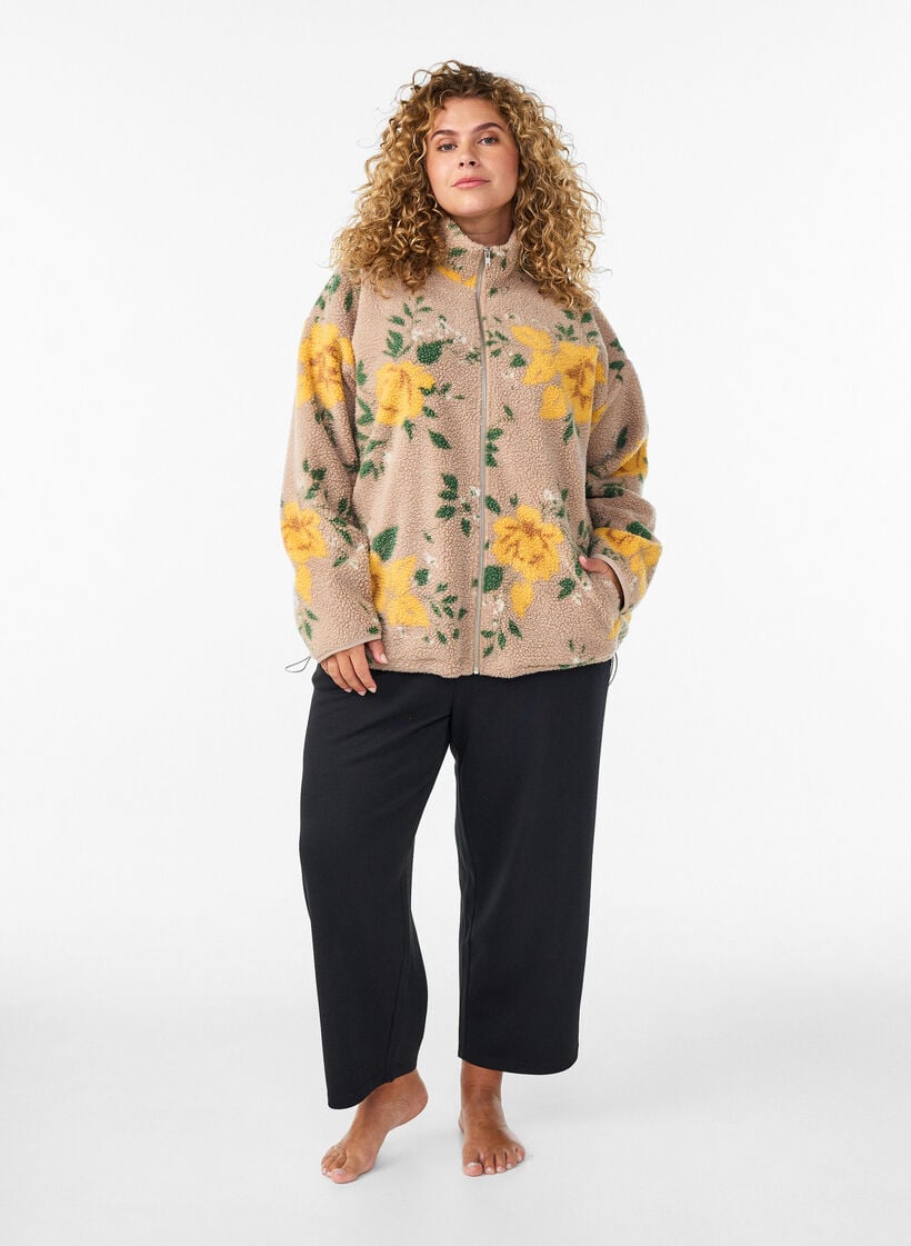 Blomstret fleecejakke med h&oslash;j hals og lynl&aring;s, Beige, Model image number 1
