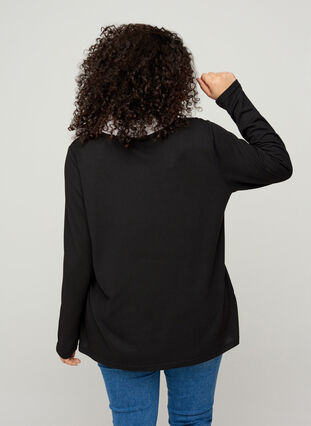 Ensfarvet bluse med lange ærmer og krave, Black, Model image number 1