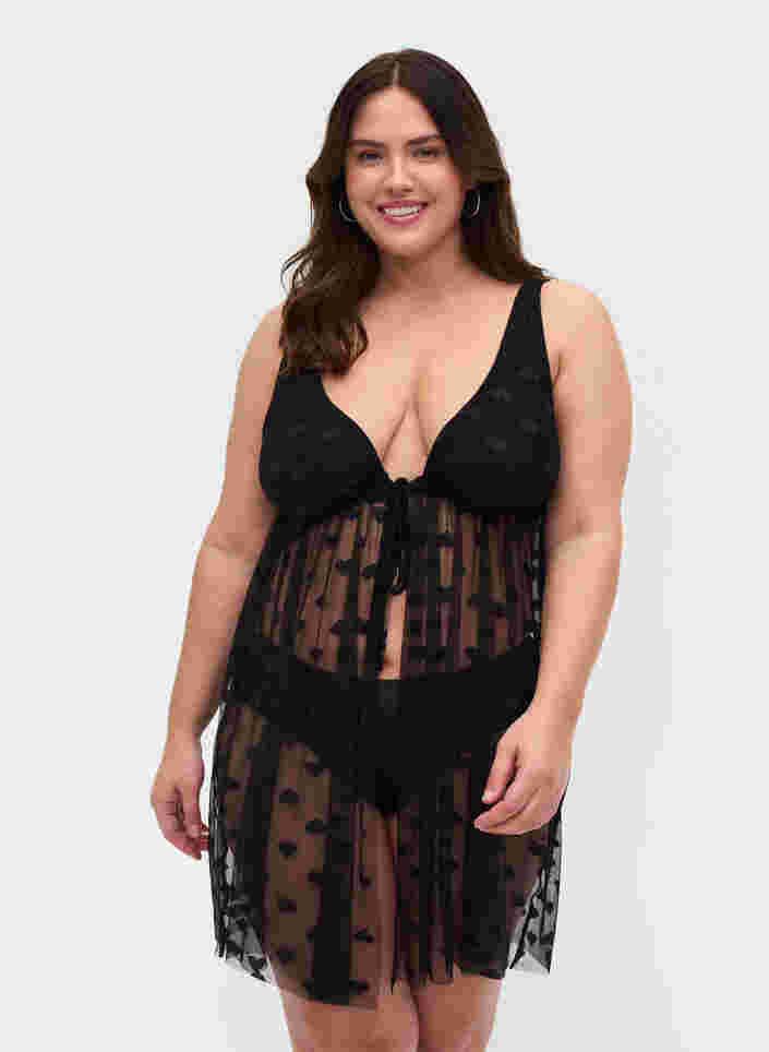 Transparent natkjole med mønster, Black, Model image number 0