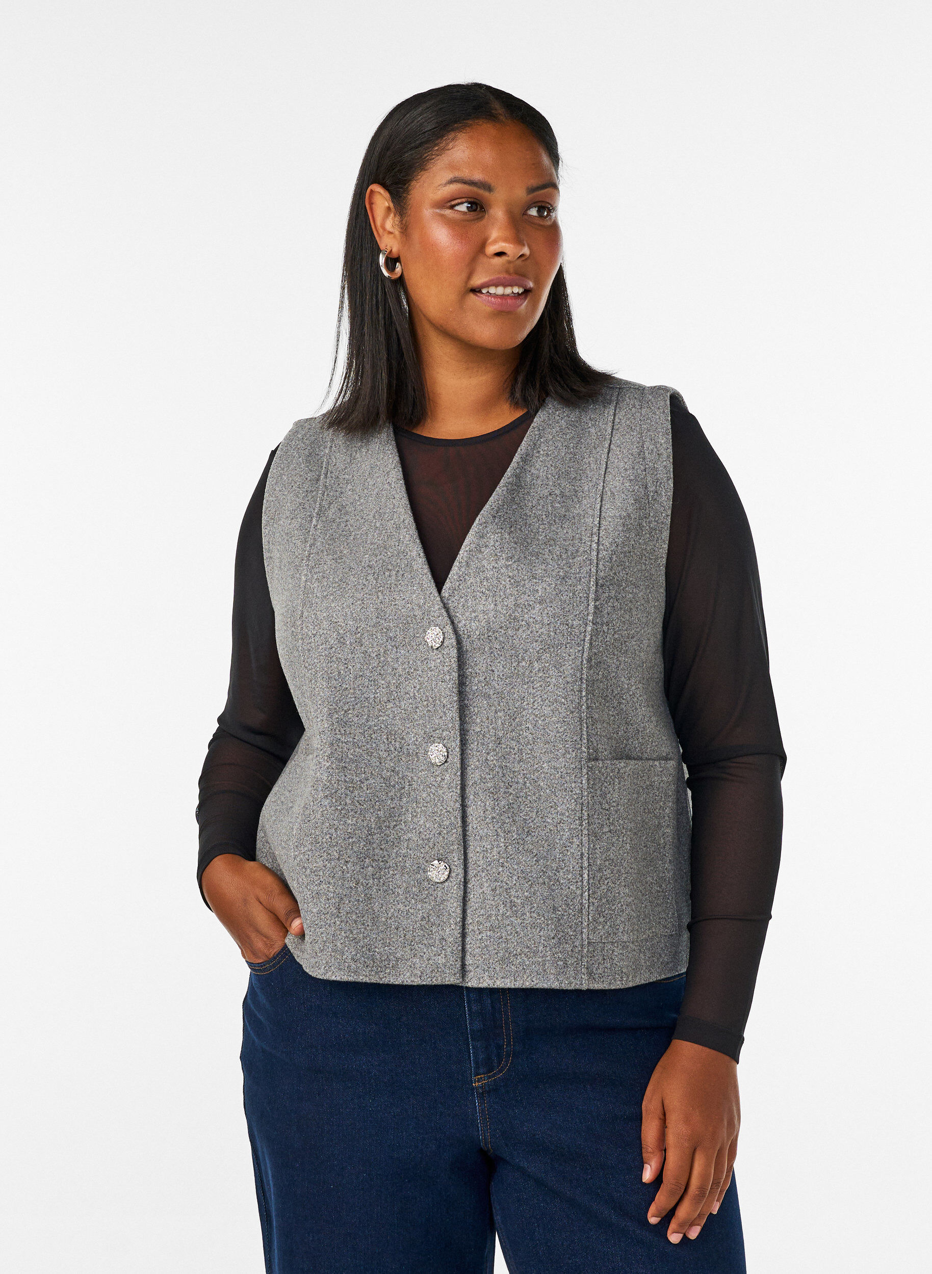 Meshbluse med lange &aelig;rmer, Sort, Model