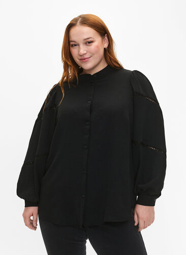Skjortebluse med crochetdetaljer, Black, Model image number 0