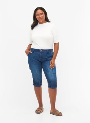 Slim fit capri jeans med lommer, Dark blue denim, Model image number 0
