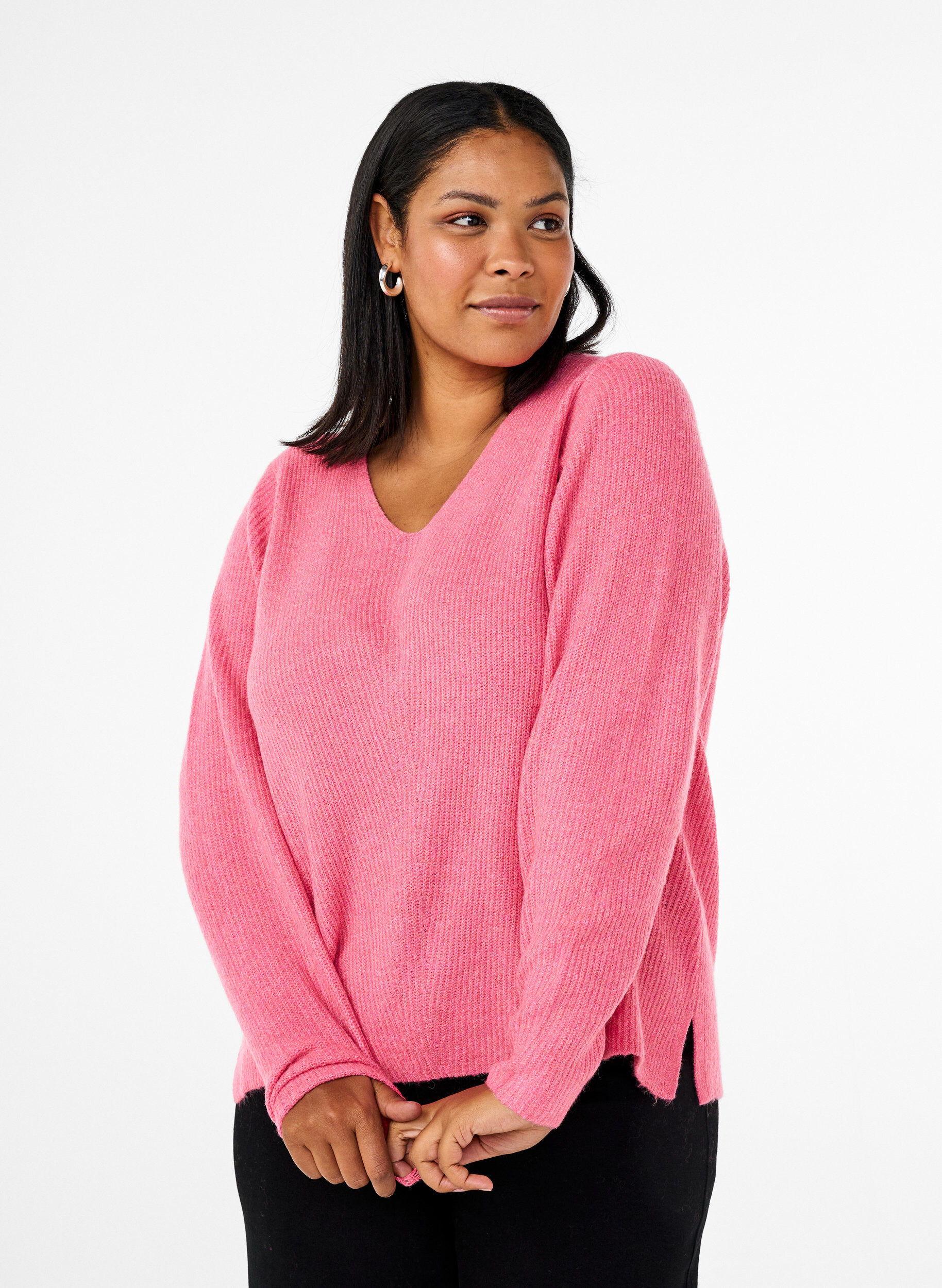 Zizzi Strikbluse med v-hals og lange &aelig;rmer, Bubblegum Wh. Mel., Model image number 0