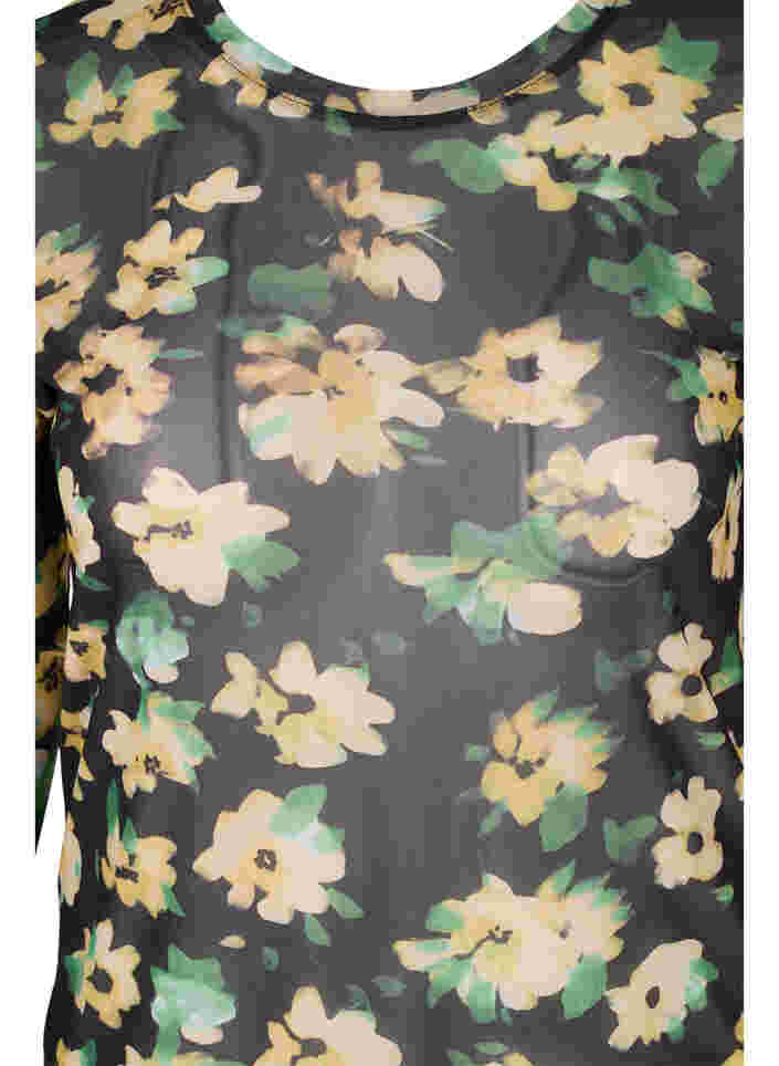 Tætsiddende mesh bluse med blomstermønster, Yellow Green AOP, Packshot image number 2