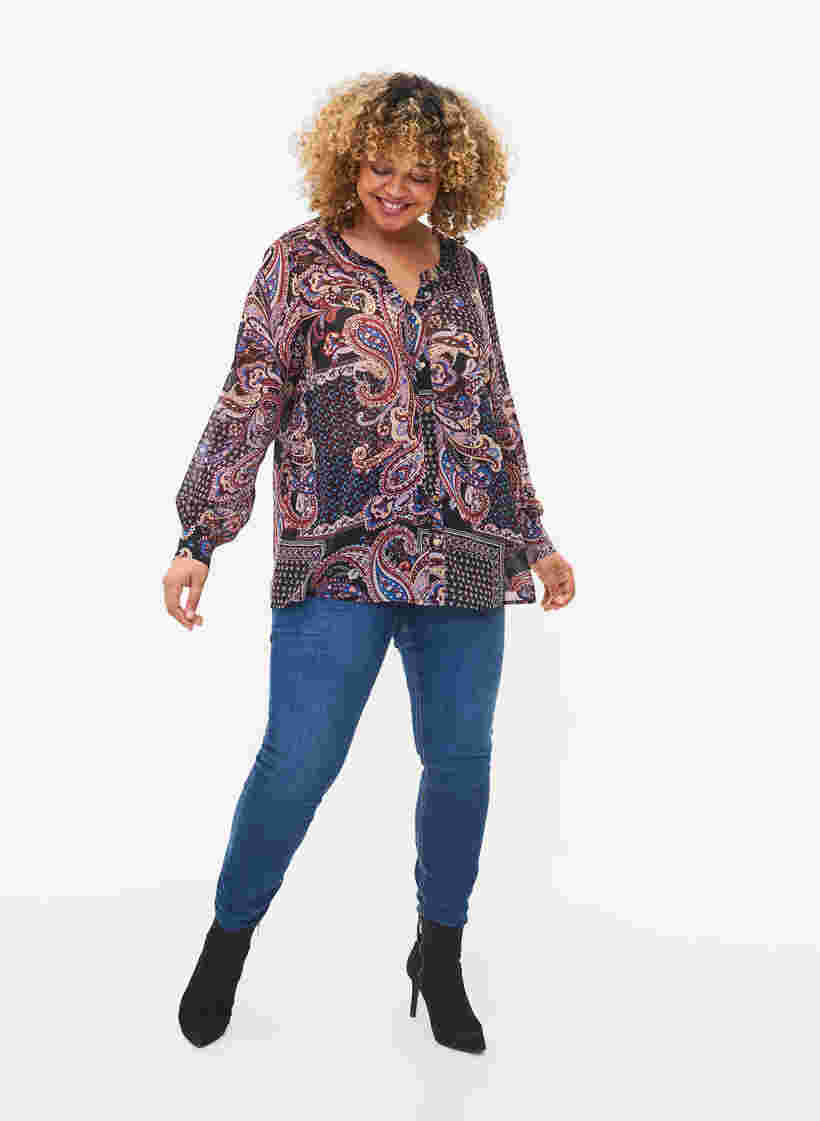 Skjorte med v-udskæring og print, Black/Brown Paisley, Model image number 2