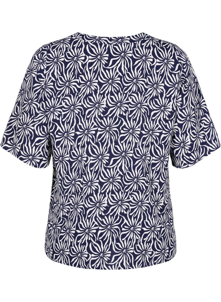 V-hals bluse med blomsterprint, White Blue Flower, Packshot image number 1