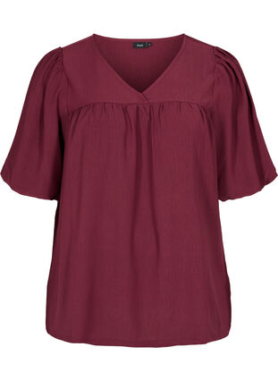 Ensfarvet bluse med korte pufærmer, Zinfandel, Packshot image number 0