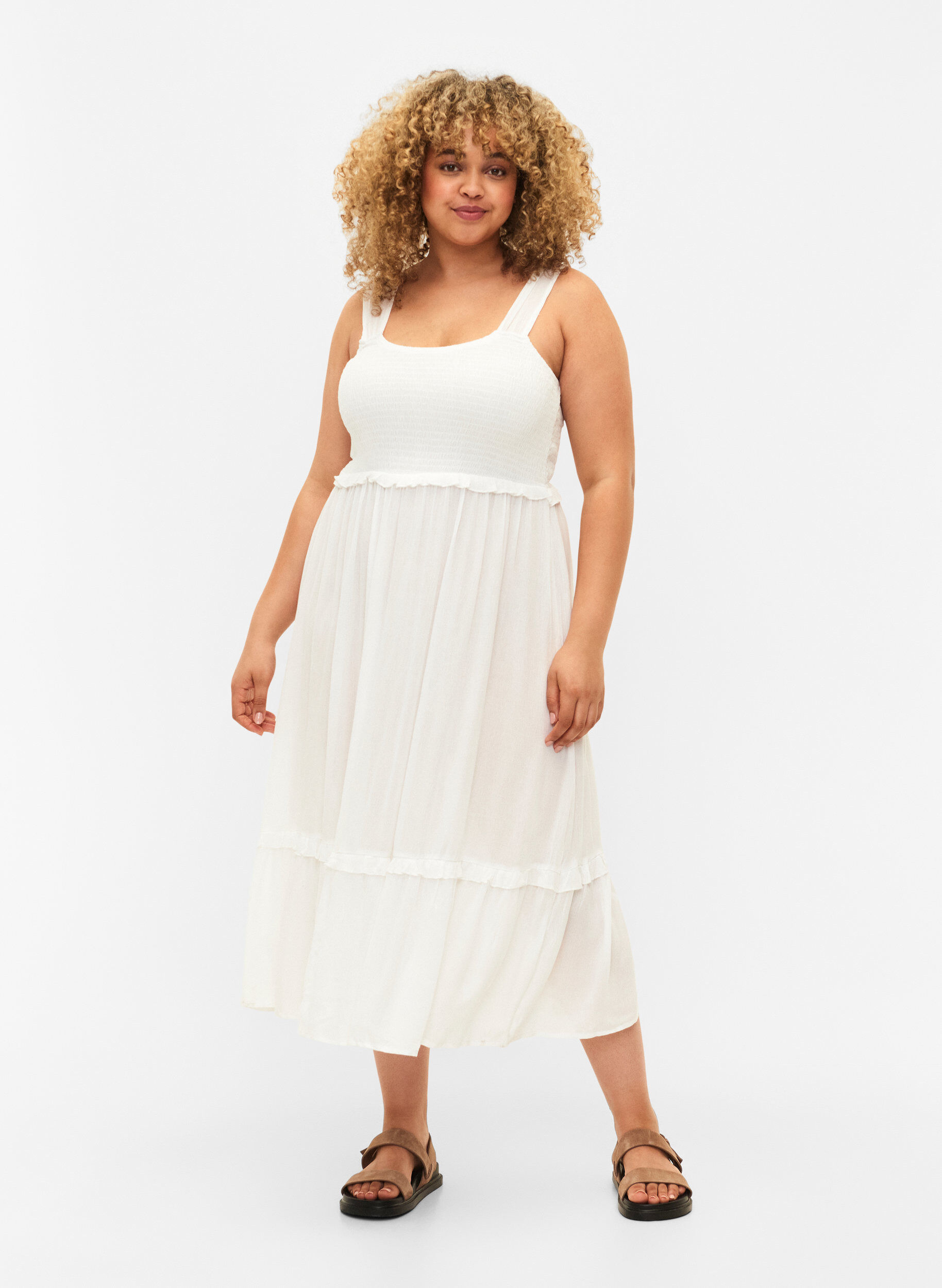 Zizzi Viskose midikjole med smock, Bright White, Model image number 0