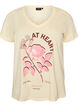 T-shirt i bomuld med frontprint og V-hals, Beige, Packshot image number 0
