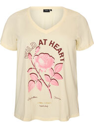 T-shirt i bomuld med frontprint og V-hals, Beige