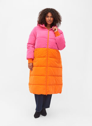 Lang vinterjakke med color-block, Pink W/Orange, Model image number 0