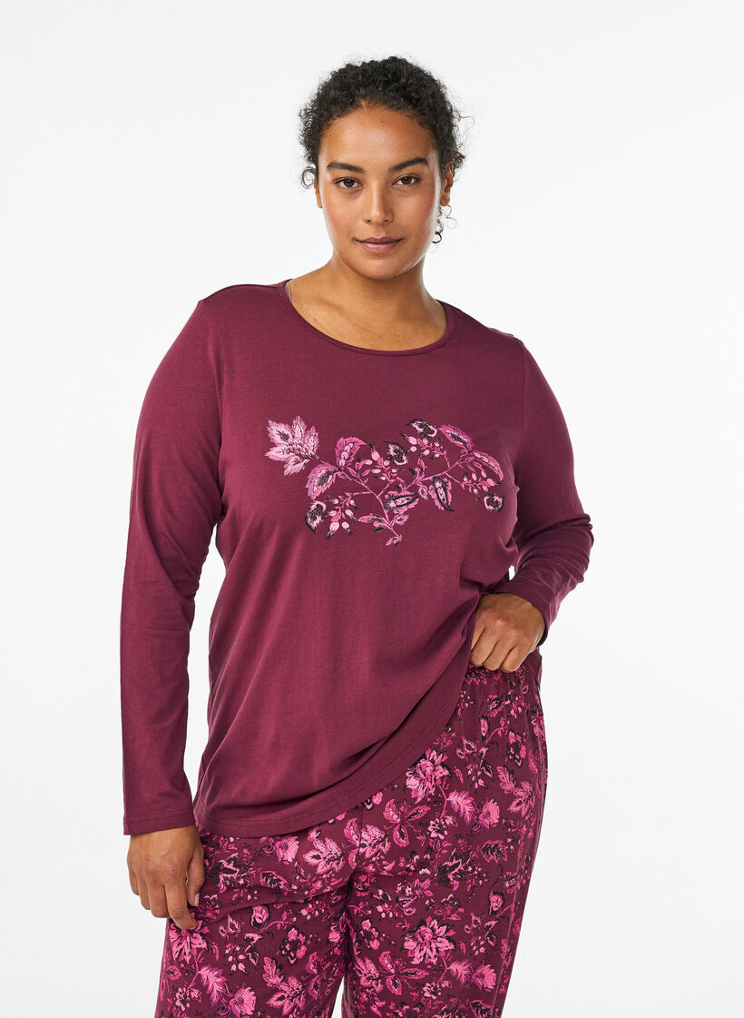 Natbluse i bomuld med frontmotiv, Mørk Bordeaux, Model image number 0