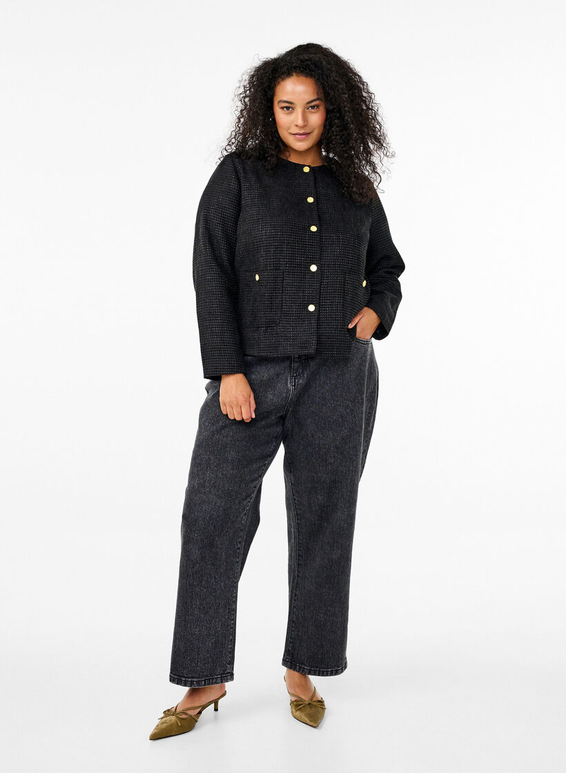 Boucle jakke med lommer og dekorative knapper, Black, Model image number 2