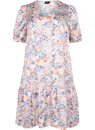 Printet kjole med pufærmer, B. White graphic AOP, Packshot image number 0
