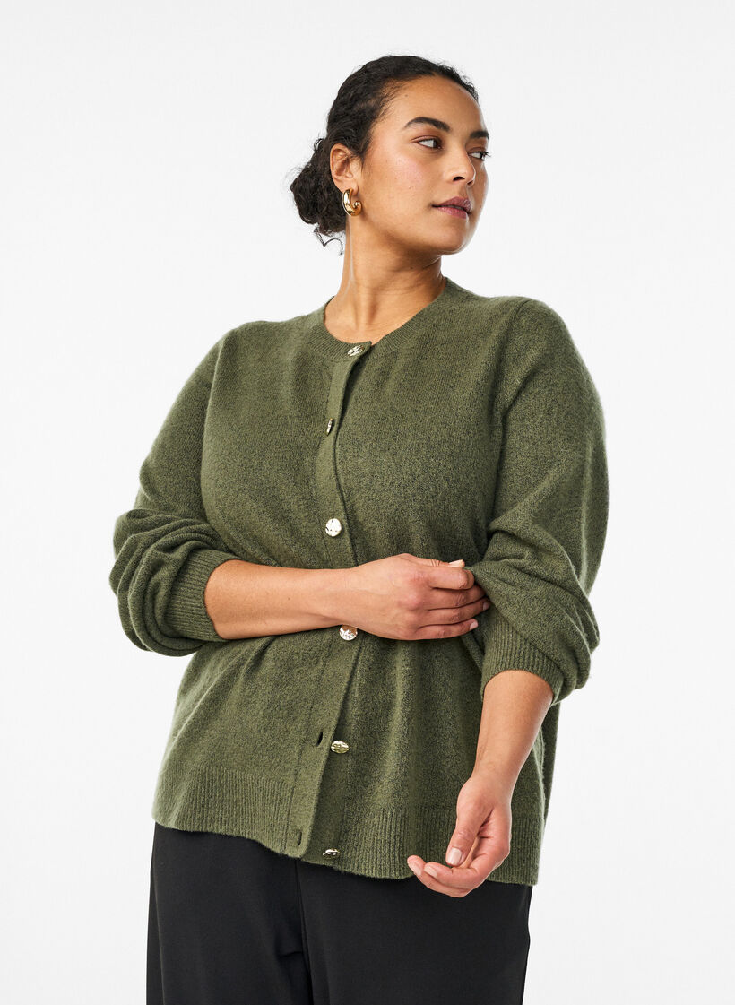 Cardigan i bl&oslash;d strik med guldfarvede knapper, Gr&oslash;n, Model image number 0
