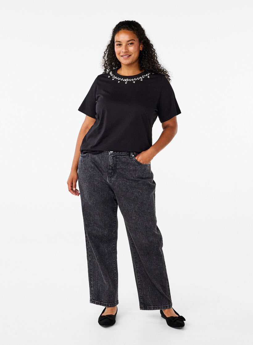 T-shirt med rund hals og rhinsten, Black, Model image number 2