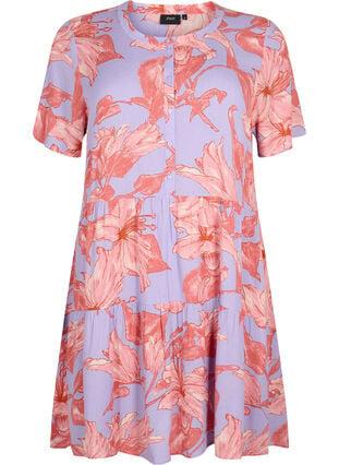 Kortærmet viskose kjole med a-form, Lavender Flower, Packshot image number 0