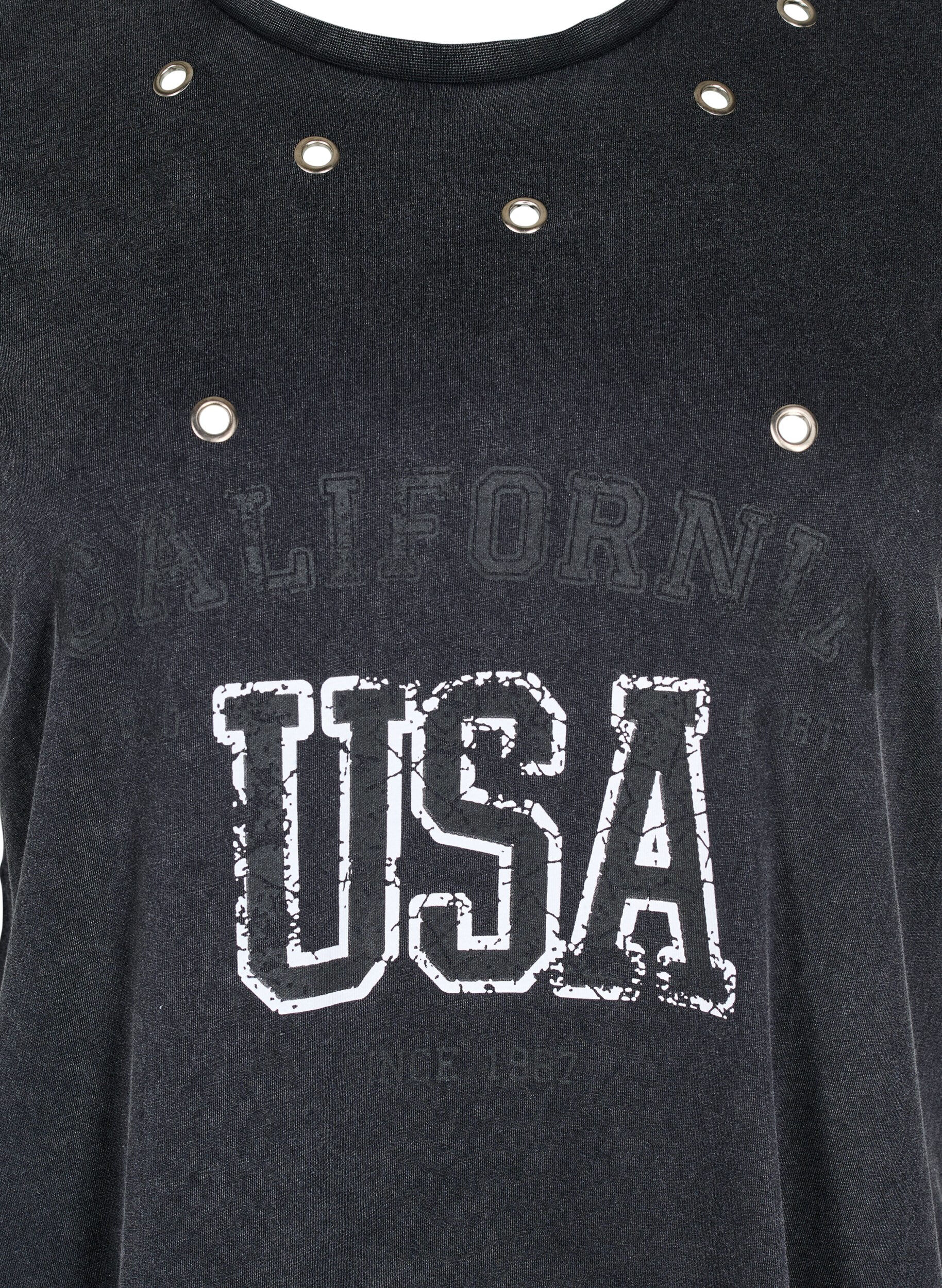 Zizzi T-shirt med eyelets og print, Grey Washed , Packshot image number 2