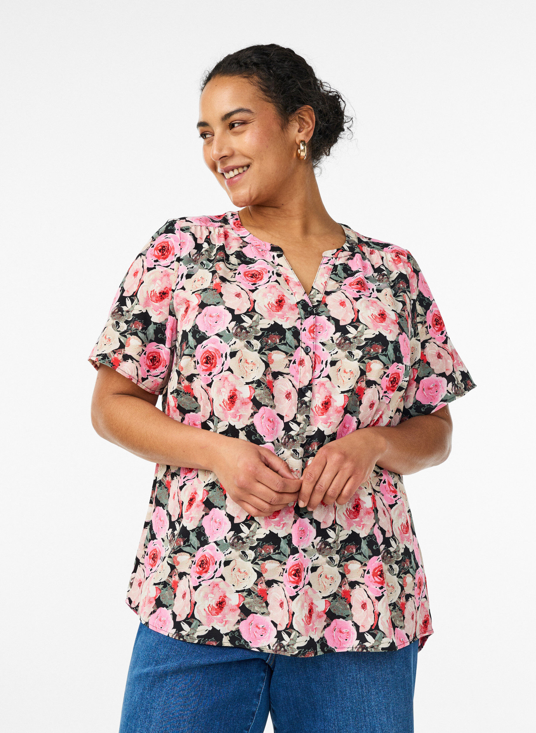 Zizzi Bluse med korte &aelig;rmer og v-udsk&aelig;ring , Lyser&oslash;d, Model image number 0