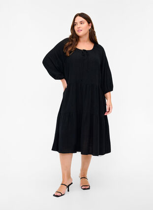 Bomulds kjole med 3/4 ærmer og bindedetalje, Black, Model image number 0
