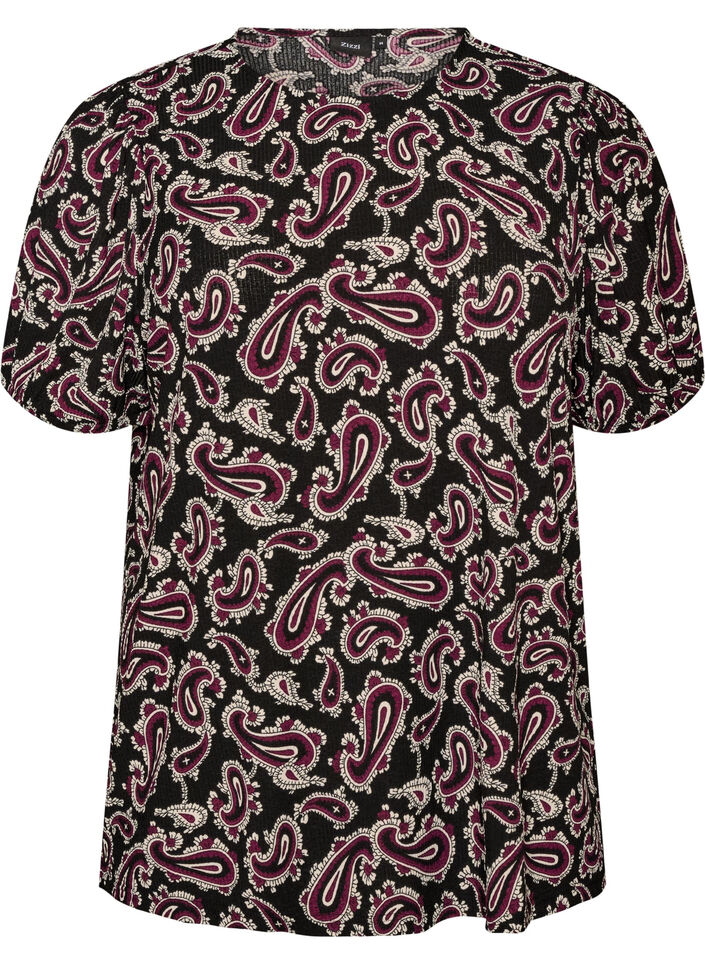 Bluse med korte &aelig;rmer og paisleyprint, M&oslash;rk Bordeaux, Packshot image number 0