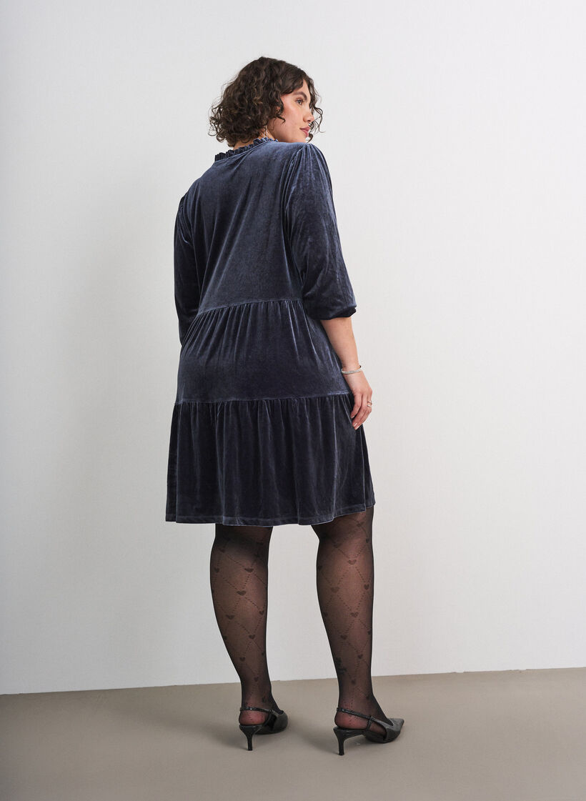 Kort velourkjole med fl&aelig;sekrave og lange &aelig;rmer, Bl&aring;, Model image number 2