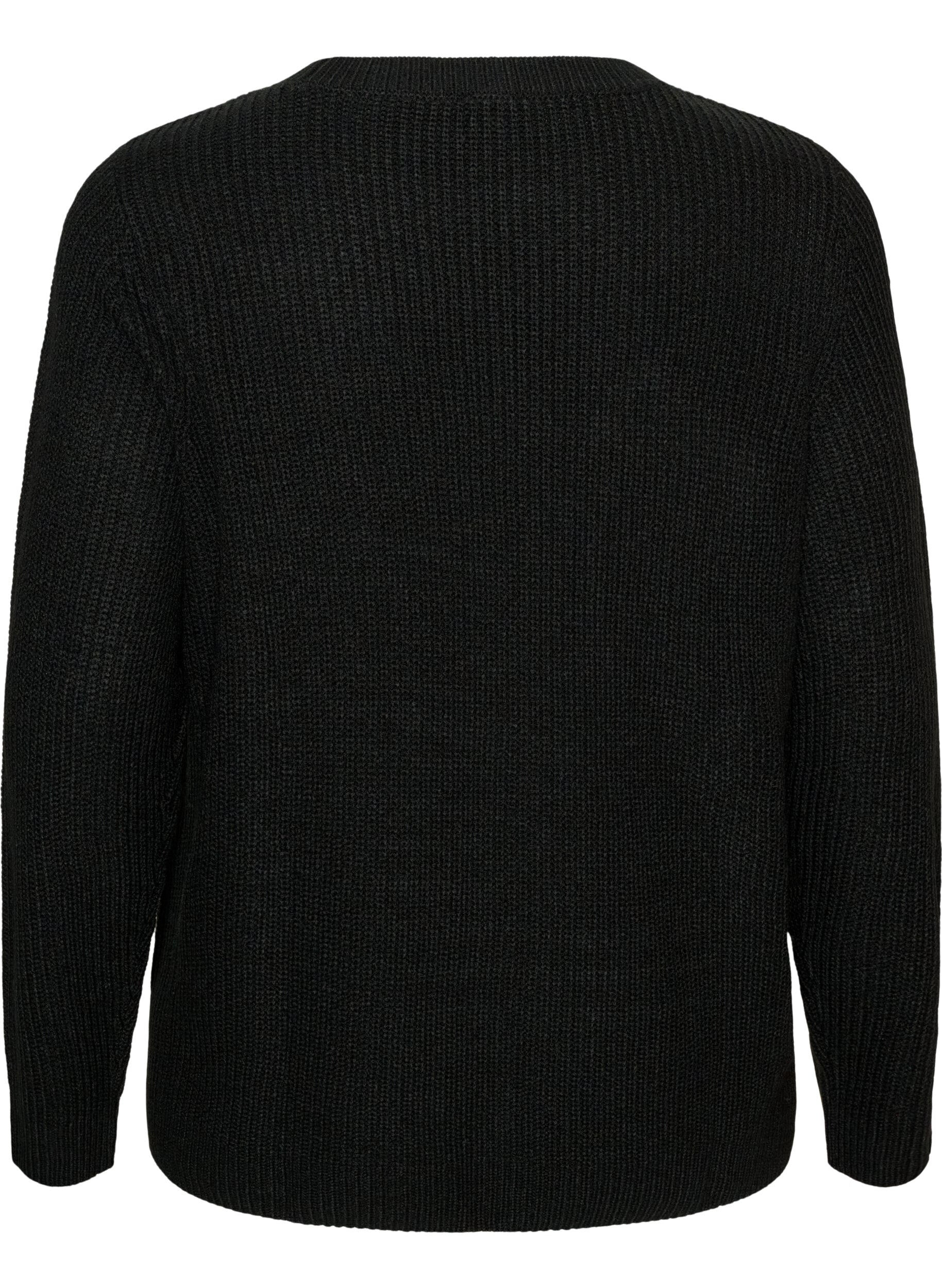 ZizziStrikbluse med ribstruktur og knapdetaljer, Sort, Packshot image number 1