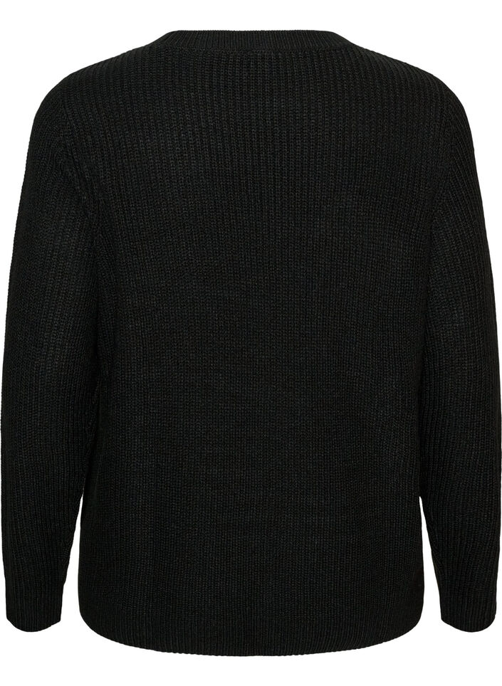 Strikbluse med ribstruktur og knapdetaljer, Sort, Packshot image number 1