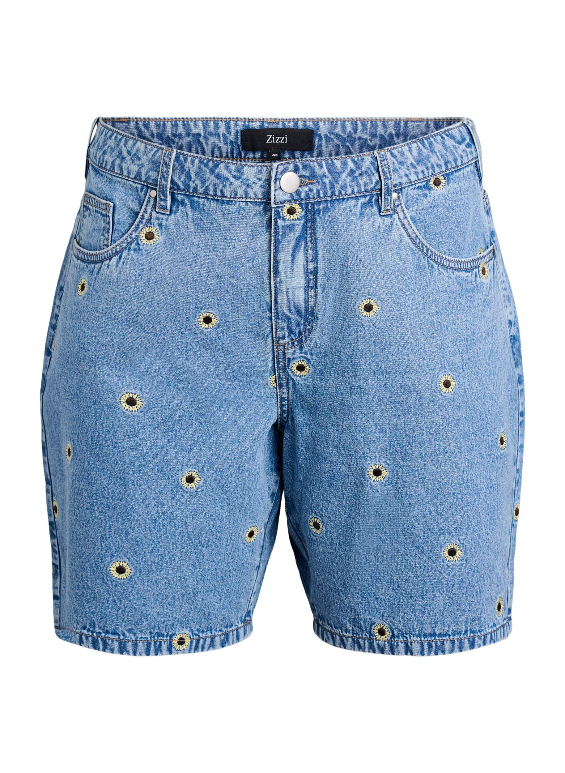 Zizzi Denim shorts med broderede blomster, Bl&aring;, Packshot image number 0