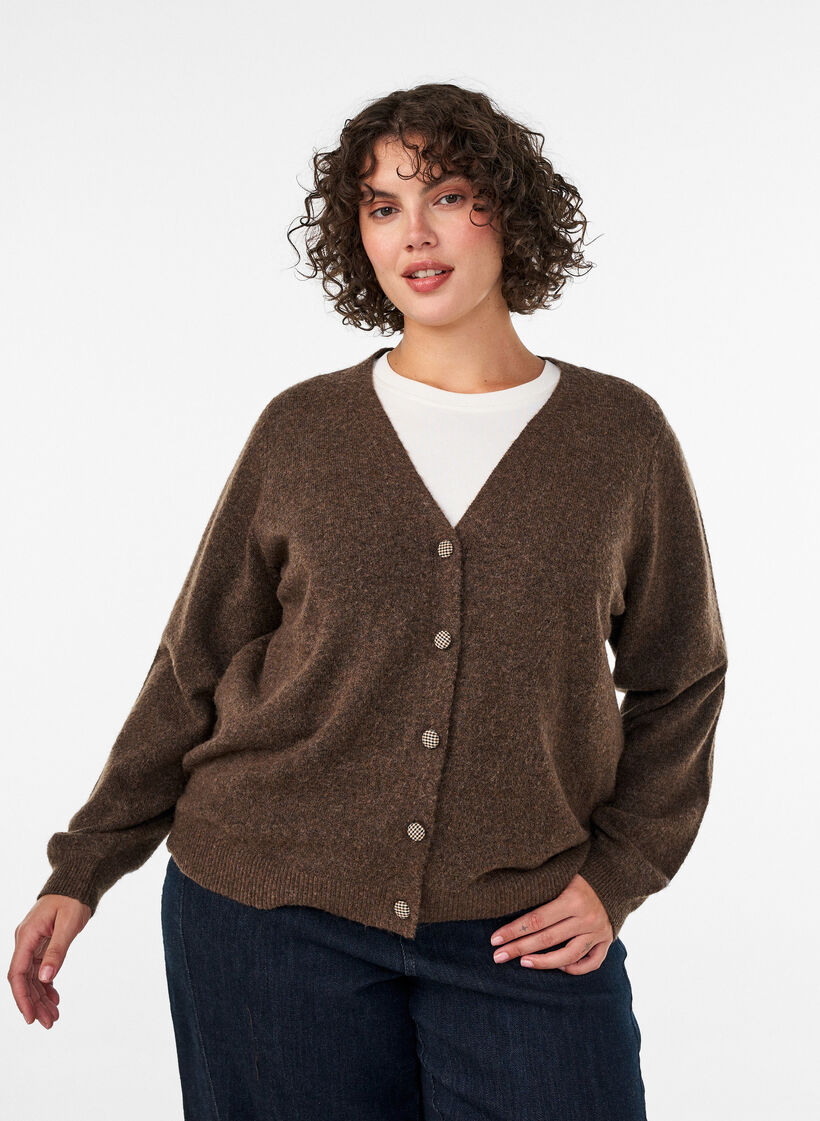 Cardigan med dekorative knapper og V-hals, Brun, Model image number 0