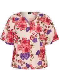 Kort&aelig;rmet bomuldsskjorte med V-udsk&aelig;ring, R&oslash;d