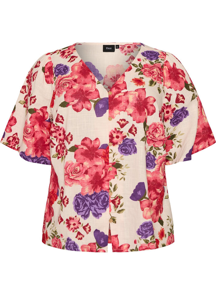 Kort&aelig;rmet bomuldsskjorte med V-udsk&aelig;ring, R&oslash;d, Packshot image number 0