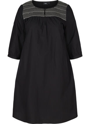 Kjole i bomuld med smock og a-form, Black, Packshot image number 0