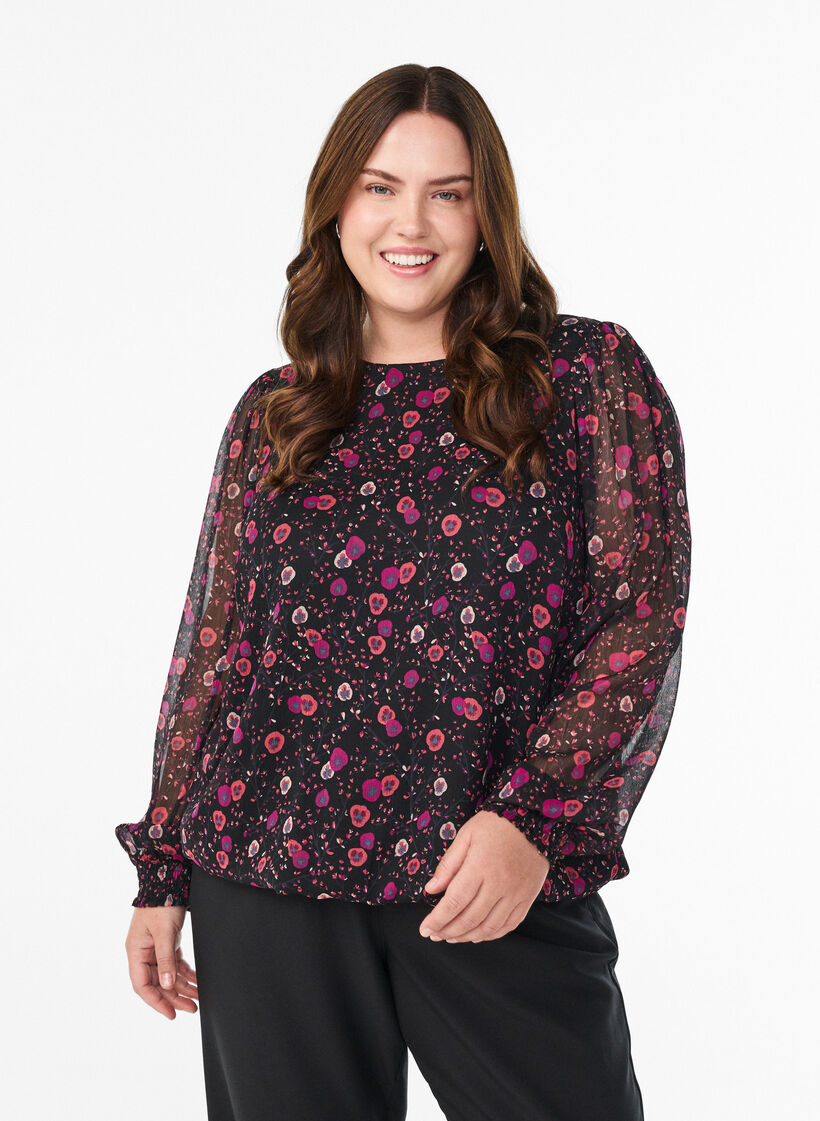 Blomstret chiffonbluse med transparente &aelig;rmer, Sort, Model image number 0