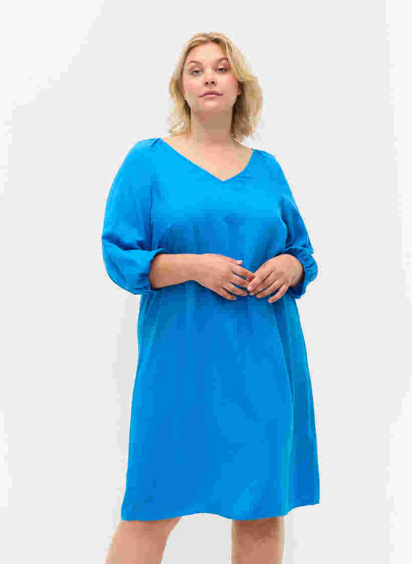 Viskose kjole med v-udskæring, Indigo Bunting, Model image number 0
