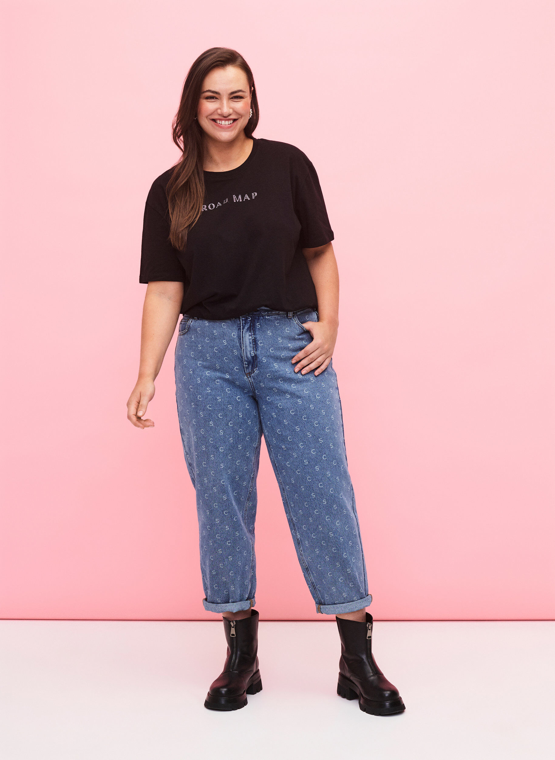 Zizzi T-shirt i &oslash;kologisk bomuld med similisten, Black, Model image number 2